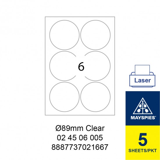 MAYSPIES 02 45 06 005 PREMIUM COLOR LASER LABEL / 5 SHEETS/PKT CLEAR/TRANSPARENT / 89MM ROUND